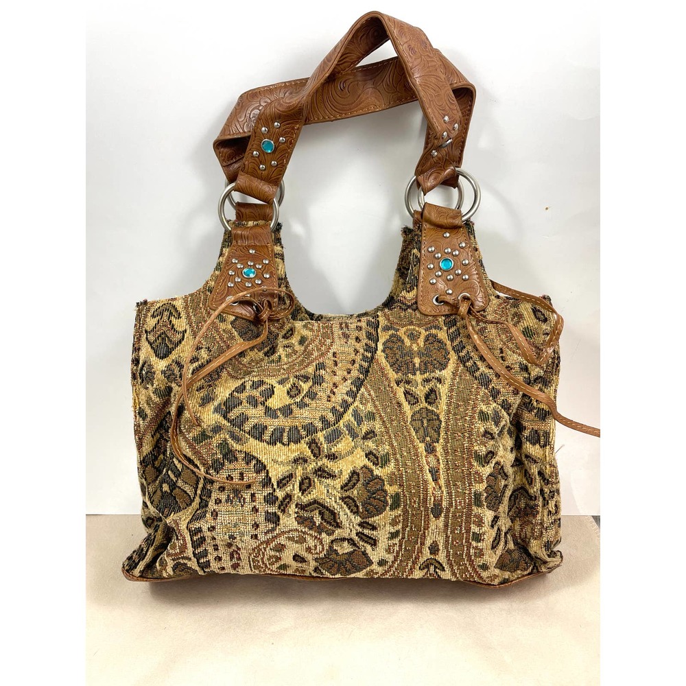 Brown Tapestry Handbag Purse Faux Leather Straps
